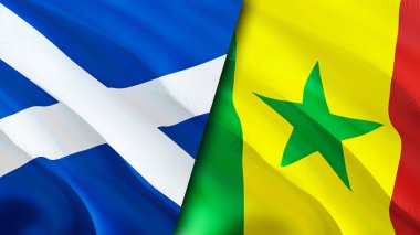 İskoçya ve Senegal bayrakları. 3 boyutlu dalgalanan bayrak tasarımı. İskoçya Senegal bayrağı, resim, duvar kağıdı. İskoçya, Senegal 'e karşı, görüntü 3 boyutlu. İskoçya Senegal ilişkileri ittifak ve ticaret, seyahat, turnuva