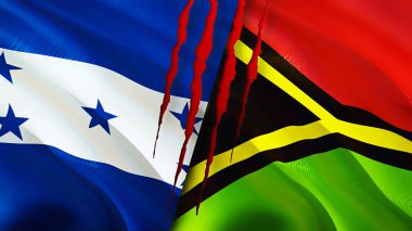 Yara izi olan Honduras ve Vanuatu bayrakları. 3D bayrak sallama. Honduras ve Vanuatu çatışma konsepti. Honduras Vanuatu ilişkileri kavramı. Honduras bayrağı ve Vanuatu krizi, savaş, attac
