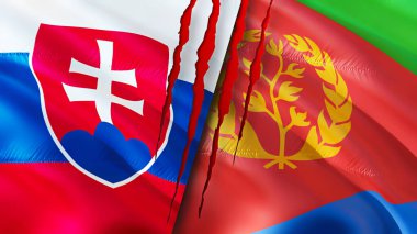 Slovakya ve Eritre yara izi olan bayraklar. Dalgalanan bayrak, 3 boyutlu görüntüleme. Slovakya ve Eritre çatışma konsepti. Slovakya Eritre ilişkileri kavramı. Slovakya ve Eritre bayrağı krizi, savaş, attac