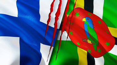 Yara izi olan Finlandiya ve Dominica bayrakları. Dalgalanan bayrak, 3 boyutlu görüntüleme. Finlandiya ve Dominica çatışma konsepti. Finlandiya Dominica ilişkileri kavramı. Finlandiya bayrağı ve Dominika krizi, savaş, attac