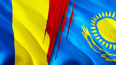 Romanya ve Kazakistan yara izi kavramına sahip bayraklar taşıyor. Dalgalanan bayrak, 3 boyutlu görüntüleme. Romanya ve Kazakistan ihtilaf konsepti. Romanya Kazakistan ilişkileri kavramı. Romanya bayrağı ve Kazakistan krizi, savaş