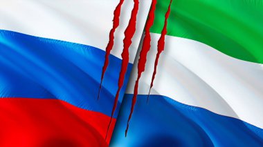 Rusya ve Sierra Leone yara izi olan bayraklar. Dalgalanan bayrak, 3 boyutlu görüntüleme. Rusya ve Sierra Leone çatışma konsepti. Rusya Sierra Leone ilişkileri kavramı. Rusya ve Sierra Leon bayrağı