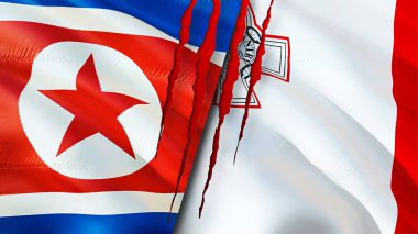 Kuzey Kore ve Malta bayraklarında yara izi var. Dalgalanan bayrak, 3 boyutlu görüntüleme. Kuzey Kore ve Malta çatışma konsepti. Kuzey Kore Malta ilişkileri kavramı. Kuzey Kore bayrağı ve Malta krizi, savaş, attac