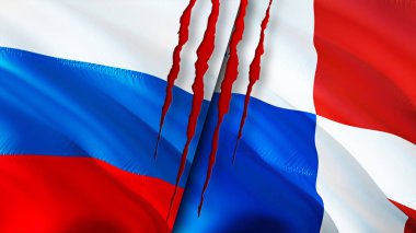 Rusya ve Panama yara izi kavramına sahip bayraklar. Dalgalanan bayrak, 3 boyutlu görüntüleme. Rusya ve Panama çatışma konsepti. Rusya Panama ilişkileri kavramı. Rusya bayrağı ve Panama krizi, savaş, saldırı konsepti