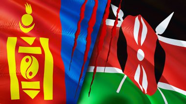 Yara izi olan Moğolistan ve Kenya bayrakları. Dalgalanan bayrak, 3 boyutlu görüntüleme. Moğolistan ve Kenya çatışma konsepti. Moğolistan Kenya ilişkileri kavramı. Moğolistan bayrağı ve Kenya krizi, savaş, saldırı konsepti