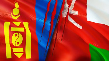 Yara izi olan Moğolistan ve Umman bayrakları. Dalgalanan bayrak, 3 boyutlu görüntüleme. Moğolistan ve Umman çatışma konsepti. Moğolistan Umman ilişkileri kavramı. Moğolistan bayrağı ve Umman krizi, savaş, saldırı konsepti