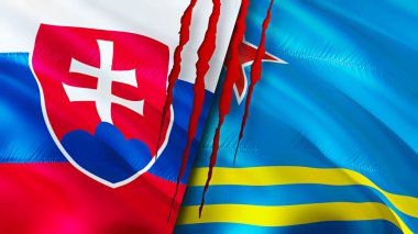 Slovakya ve yara izi olan Aruba bayrakları. Dalgalanan bayrak, 3 boyutlu görüntüleme. Slovakya ve Aruba çatışma konsepti. Slovakya Aruba ilişkileri kavramı. Slovakya bayrağı ve Aruba krizi, savaş, saldırı konsepti