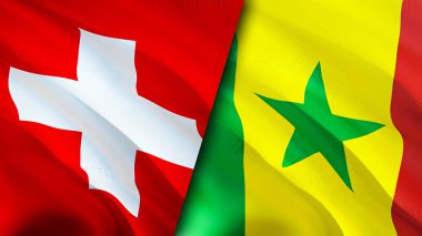 İsviçre ve Senegal bayrakları. 3 boyutlu dalgalanan bayrak tasarımı. İsviçre Senegal bayrağı, resim, duvar kağıdı. İsviçre, Senegal 'e karşı, görüntü 3 boyutlu. İsviçre Senegal ilişkileri ittifakı