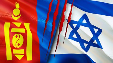 Yara izi olan Moğolistan ve İsrail bayrakları. Dalgalanan bayrak, 3 boyutlu görüntüleme. Moğolistan ve İsrail çatışma konsepti. Moğolistan İsrail ilişkileri kavramı. Moğolistan ve İsrail bayrağı krizi, savaş, saldırı konsepti