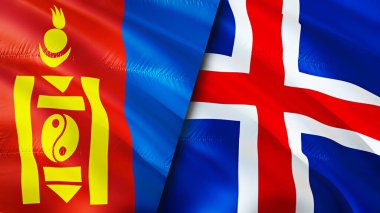 Moğolistan ve İzlanda bayrakları. 3 boyutlu dalgalanan bayrak tasarımı. Moğol İzlanda bayrağı, resim, duvar kağıdı. Moğolistan İzlanda 'ya karşı, görüntü 3 boyutlu. Moğolistan İzlanda ilişkileri ittifak ve ticaret, seyahat, turnuva