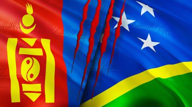 Moğolistan ve Solomon Adaları yara izi olan bayraklar. Dalgalanan bayrak, 3 boyutlu görüntüleme. Moğolistan ve Solomon Adaları çatışma konsepti. Moğolistan Solomon Adaları ilişkileri kavramı. Moğolistan bayrağı