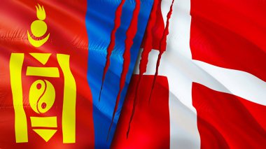 Yara izi olan Moğolistan ve Danimarka bayrakları. Dalgalanan bayrak, 3 boyutlu görüntüleme. Moğolistan ve Danimarka çatışma konsepti. Moğolistan Danimarka ilişkileri kavramı. Moğolistan bayrağı ve Danimarka krizi, savaş, attac