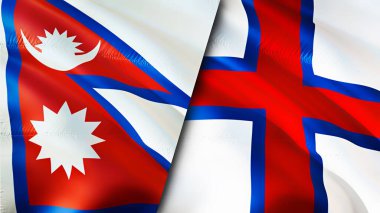 Nepal ve Faroe Adaları bayrakları. 3 boyutlu dalgalanan bayrak tasarımı. Nepal Faroe Adaları bayrağı, resim, duvar kağıdı. Nepal, Faroe Adaları 'na karşı. Görüntü 3D. Nepal Faroe Adaları İlişkiler Birliği