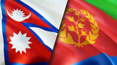 Nepal ve Eritrea bayrakları. 3 boyutlu dalgalanan bayrak tasarımı. Nepal Eritre bayrağı, resim, duvar kağıdı. Nepal, Eritrea 'ya karşı, görüntü 3 boyutlu. Nepal Eritre ilişkileri ittifak ve ticaret, seyahat, turizm konsepti