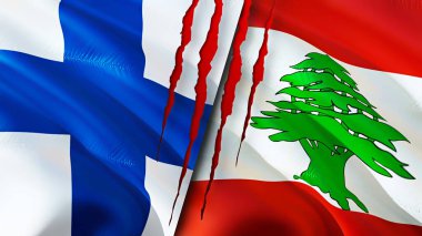 Finlandiya ve Lübnan bayraklarında yara izi var. Dalgalanan bayrak, 3 boyutlu görüntüleme. Finlandiya ve Lübnan çatışma konsepti. Finlandiya Lübnan ilişkileri kavramı. Finlandiya bayrağı ve Lübnan krizi, savaş, saldırı konsepti