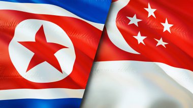 Kuzey Kore ve Singapur bayrakları. 3 boyutlu dalgalanan bayrak tasarımı. Kuzey Kore Singapur bayrağı, resim, duvar kağıdı. Kuzey Kore, Singapur 'a karşı, görüntü 3 boyutlu. Kuzey Kore Singapur ilişkileri