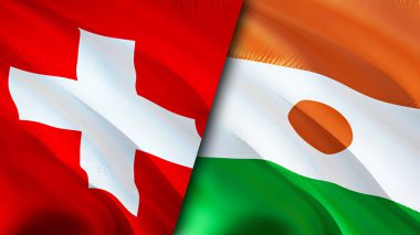 İsviçre ve Nijer bayrakları. 3 boyutlu dalgalanan bayrak tasarımı. İsviçre Nijer bayrağı, resim, duvar kağıdı. İsviçre, Nijer 'e karşı, görüntü 3D. İsviçre Nijer ilişkileri ittifak ve ticaret, seyahat, turnuva