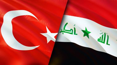 Türkiye ve Irak bayrakları. 3 boyutlu dalgalanan bayrak tasarımı. Türkiye Irak bayrağı, resim, duvar kağıdı. Türkiye Irak 'a karşı, görüntü 3D. Türkiye Irak ilişkileri ittifak ve ticaret, seyahat ve turizm konsepti