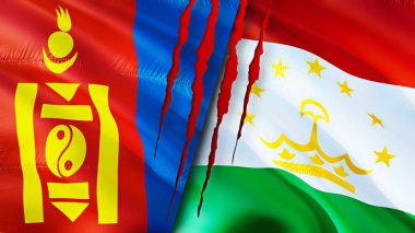 Yara izi olan Moğolistan ve Tacikistan bayrakları. Dalgalanan bayrak, 3 boyutlu görüntüleme. Moğolistan ve Tacikistan çatışma konsepti. Moğolistan Tacikistan ilişkileri kavramı. Moğolistan ve Tacikistanın bayrağı