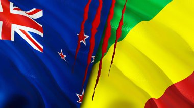 Yara izi olan Yeni Zelanda ve Kongo bayrakları. 3D bayrak sallama. Yeni Zelanda ve Kongo çatışma konsepti. Yeni Zelanda Kongo ilişkileri kavramı. Yeni Zelanda ve Kongo bayrağı krizi, savaş, attac