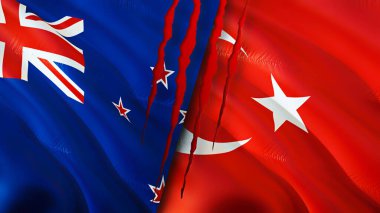 Yara izi olan Yeni Zelanda ve Türkiye bayrakları. 3D bayrak sallama. Yeni Zelanda ve Türkiye çatışması konsepti. Yeni Zelanda Türkiye ilişkileri kavramı. Yeni Zelanda bayrağı ve Türkiye krizi, savaş