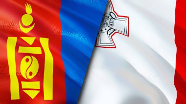 Moğolistan ve Malta bayrakları. 3 boyutlu dalgalanan bayrak tasarımı. Moğolistan Malta bayrağı, resim, duvar kağıdı. Moğolistan, Malta 'ya karşı 3 boyutlu görüntü. Moğolistan Malta ilişkileri ittifak ve ticaret, seyahat, turizm konsepti