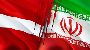 Letonya ve İran yara izi olan bayraklar. Dalgalanan bayrak, 3 boyutlu görüntüleme. Letonya ve İran çatışma konsepti. Letonya İran ilişkileri kavramı. Letonya ve İran bayrağı krizi, savaş, saldırı konsepti