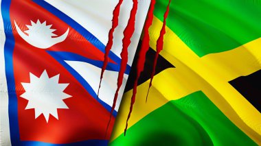 Yara izi olan Nepal ve Jamaika bayrakları. Dalgalanan bayrak, 3 boyutlu görüntüleme. Nepal ve Jamaika çatışma konsepti. Nepal Jamaika ilişkileri kavramı. Nepal ve Jamaika bayrağı kriz, savaş, saldırı konsepti