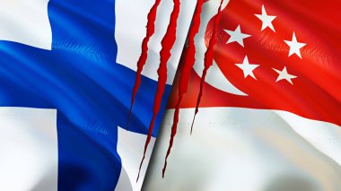 Yara izi olan Finlandiya ve Singapur bayrakları. Dalgalanan bayrak, 3 boyutlu görüntüleme. Finlandiya ve Singapur çatışma konsepti. Finlandiya Singapur ilişkileri kavramı. Finlandiya bayrağı ve Singapur krizi, savaş, attac