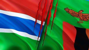 Gambiya ve Zambiya bayraklarında yara izi var. Dalgalanan bayrak, 3 boyutlu görüntüleme. Gambiya ve Zambiya çatışma konsepti. Gambiya Zambiya ilişkileri kavramı. Gambiya ve Zambiya bayrağı krizi, savaş, saldırı konsepti