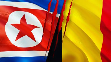 Yara izi olan Kuzey Kore ve Belçika bayrakları. Dalgalanan bayrak, 3 boyutlu görüntüleme. Kuzey Kore ve Belçika çatışma konsepti. Kuzey Kore Belçika ilişkileri kavramı. Kuzey Kore ve Belçika bayrağı