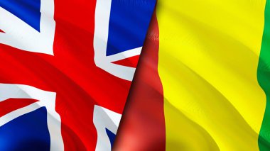 Birleşik Krallık ve Gine bayrakları. 3 boyutlu dalgalanan bayrak tasarımı. Birleşik Krallık Gine bayrağı, resim, duvar kağıdı. Birleşik Krallık, Gine 'ye karşı, görüntü 3 boyutlu. Birleşik Krallık Gine ilişkileri ittifakı