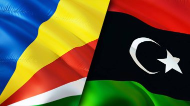 Seyşeller ve Libya bayrakları. 3 boyutlu dalgalanan bayrak tasarımı. Seyşeller Libya bayrağı, resim, duvar kağıdı. Seyşeller Libya 'ya karşı, görüntü 3D. Seyşeller Libya ilişkileri ittifak ve ticaret, seyahat, turnuva