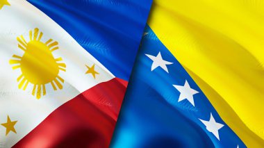 Filipinler ve Bosna-Hersek bayrakları. 3 boyutlu dalgalanan bayrak tasarımı. Filipinler Bosna-Hersek bayrağı, resmi, duvar kağıdı. Filipinler Bosna-Hersek 'e Karşı Görüntü, 3D