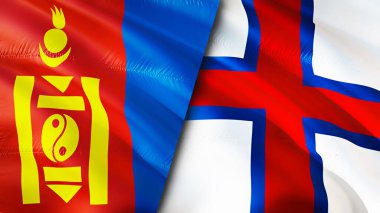 Moğolistan ve Faroe Adaları bayrakları. 3 boyutlu dalgalanan bayrak tasarımı. Moğolistan Faroe Adaları bayrağı, resim, duvar kağıdı. Moğolistan, Faroe Adaları 'na karşı. Görüntü 3D. Moğolistan Faroe Adaları İlişkiler Birliği