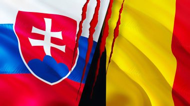 Yara izi olan Slovakya ve Belçika bayrakları. Dalgalanan bayrak, 3 boyutlu görüntüleme. Slovakya ve Belçika çatışma konsepti. Slovakya Belçika ilişkileri kavramı. Slovakya ve Belçika bayrağı krizi, savaş, attac