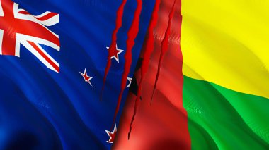 Yara izi olan Yeni Zelanda ve Gine Bissau bayrakları. 3D bayrak sallama. Yeni Zelanda ve Gine Bissau çatışma konsepti. Yeni Zelanda Gine Bissau ilişkileri kavramı. Yeni Zelanda bayrağı