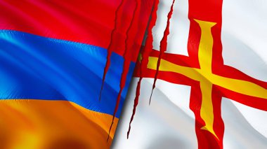 Yara izi olan Ermenistan ve Guernsey bayrakları. Dalgalanan bayrak, 3 boyutlu görüntüleme. Ermenistan ve Guernsey çatışma konsepti. Ermenistan Guernsey ilişkileri konsepti. Ermenistan bayrağı ve Guernsey krizi, savaş, attac