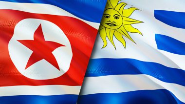 Kuzey Kore ve ABD Uruguay. 3 boyutlu dalgalanan bayrak tasarımı. Kuzey Kore bayrağı, resim, duvar kağıdı. Kuzey Kore, ABD imajına karşı, 3D görüntüleme. Kuzey Kore ABD ilişkileri ittifak ve ticaret, seyahat, turnuva