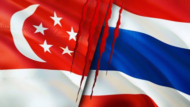 Yara izi olan Singapur ve Tayland bayrakları. Dalgalanan bayrak, 3 boyutlu görüntüleme. Singapur ve Tayland çatışma konsepti. Singapur Tayland ilişkileri kavramı. Singapur bayrağı ve Tayland krizi, savaş