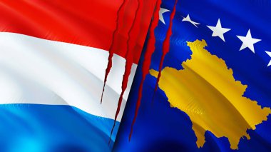 Yara izi olan Lüksemburg ve Kosova bayrakları. Dalgalanan bayrak, 3 boyutlu görüntüleme. Lüksemburg ve Kosova ihtilaf kavramı. Lüksemburg Kosova ilişkileri kavramı. Lüksemburg bayrağı ve Kosova krizi, savaş, attac