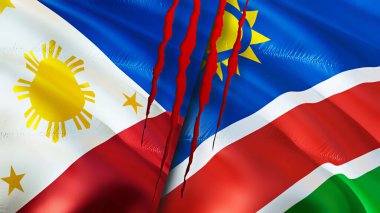 Yara izi olan Filipinler ve Namibya bayrakları. Dalgalanan bayrak, 3 boyutlu görüntüleme. Filipinler ve Namibya çatışması konsepti. Filipinler Namibya ilişkileri kavramı. Filipinler ve Namibi bayrağı
