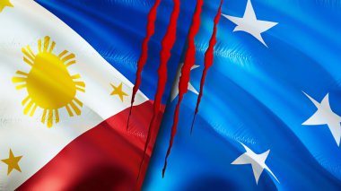 Yara izi olan Filipinler ve Mikronezya bayrakları. Dalgalanan bayrak, 3 boyutlu görüntüleme. Filipinler ve Mikronezya çatışma konsepti. Filipinler Mikronezya ilişkileri konsepti. Filipinler bayrağı