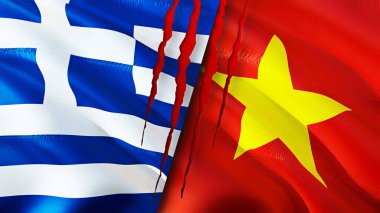 Yunanistan ve Vietnam bayraklarında yara izi var. Dalgalanan bayrak, 3 boyutlu görüntüleme. Yunanistan ve Vietnam çatışma konsepti. Yunanistan Vietnam ilişkileri kavramı. Yunanistan bayrağı ve Vietnam krizi, savaş, saldırı konsepti