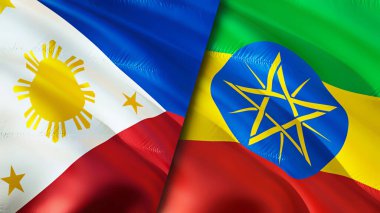 Filipinler ve Etiyopya bayrakları. 3 boyutlu dalgalanan bayrak tasarımı. Filipinler Etiyopya bayrağı, resim, duvar kağıdı. Filipinler Etiyopya 'ya karşı, görüntü 3 boyutlu. Filipinler Etiyopya ilişkileri