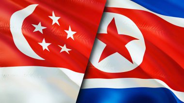 Singapur ve Kuzey Kore bayrakları. 3 boyutlu dalgalanan bayrak tasarımı. Singapur Kuzey Kore bayrağı, resim, duvar kağıdı. Singapur, Kuzey Kore 'ye karşı, görüntü 3 boyutlu. Singapur Kuzey Kore ilişkileri