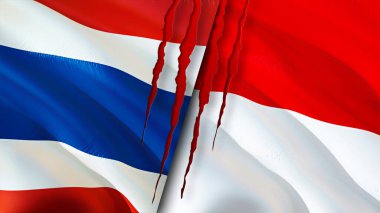 Yara izi olan Tayland ve Monako bayrakları. Dalgalanan bayrak, 3 boyutlu görüntüleme. Tayland ve Monako çatışma konsepti. Tayland Monako ilişkileri kavramı. Tayland bayrağı ve Monako krizi, savaş, saldırı konsepti