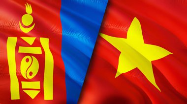 Moğolistan ve Vietnam bayrakları. 3 boyutlu dalgalanan bayrak tasarımı. Moğolistan Vietnam bayrağı, resim, duvar kağıdı. Moğolistan Vietnam 'a karşı görüntüsü, 3 boyutlu canlandırma. Moğolistan Vietnam ilişkileri ittifak ve ticaret, seyahat, turnuva