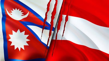 Nepal ve Avusturya yara izi kavramına sahip bayraklar. Dalgalanan bayrak, 3 boyutlu görüntüleme. Nepal ve Avusturya çatışma konsepti. Nepal Avusturya ilişkileri kavramı. Nepal ve Avusturya krizi bayrağı, savaş, saldırı konsepti