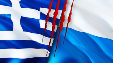 Yunanistan ve San Marino bayraklarında yara izi var. Dalgalanan bayrak, 3 boyutlu görüntüleme. Yunanistan ve San Marino çatışma konsepti. Yunanistan San Marino ilişkileri kavramı. Yunanistan bayrağı ve San Marino krizi, savaş, attac